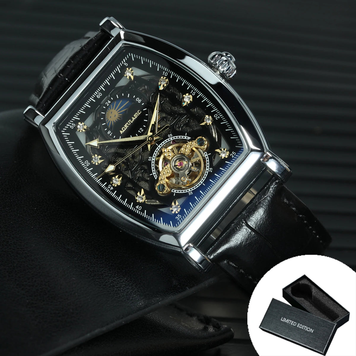 Tourbillon Iced Out Skeleton Automatic Mechanical Watches for Men Luxury Moon Phase Casual Leather Strap Mens Watch